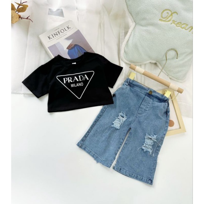 Bộ áo 8_35kg) croptop kèm quần xuông cá tính bé gái