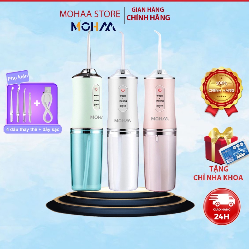Máy tăm nước cầm tay MOHAA X100 vệ sinh răng miệng chuẩn nha khoa, 3 chế độ và 4 đầu phun sử dụng hiệu