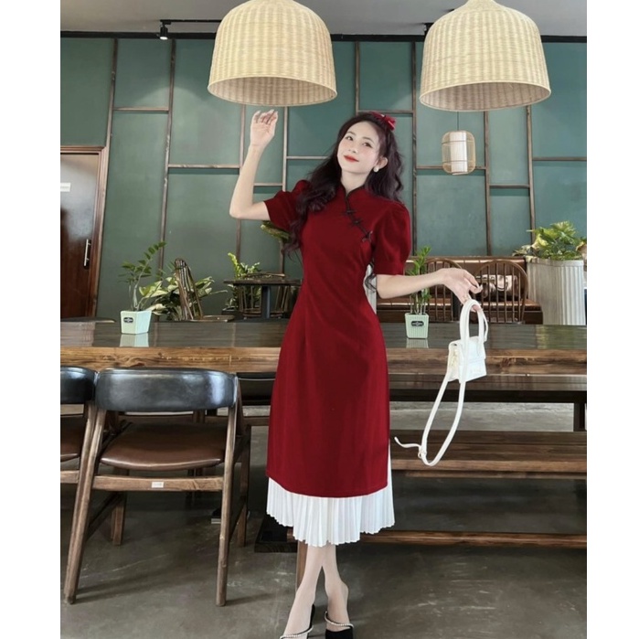 Đầm nữ tay ngắn đầm thiết kế một màu đỏ cổ áo dài cực xinh đầm lụa dáng dài dập ly mini
