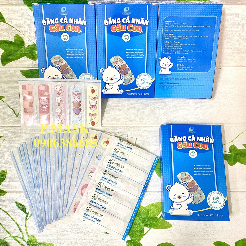 BĂNG CÁ NHÂN IN HÌNH GẤU CON LIWORLDCO cho bé 100 MIẾNG / HỘP 7.2 x 1.9 cm