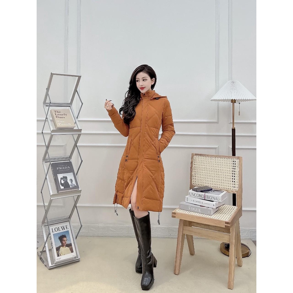 P921 -  Áo khoác phao nữ dáng dài siêu nhẹ dày ấm cản gió có mũ tháo rời