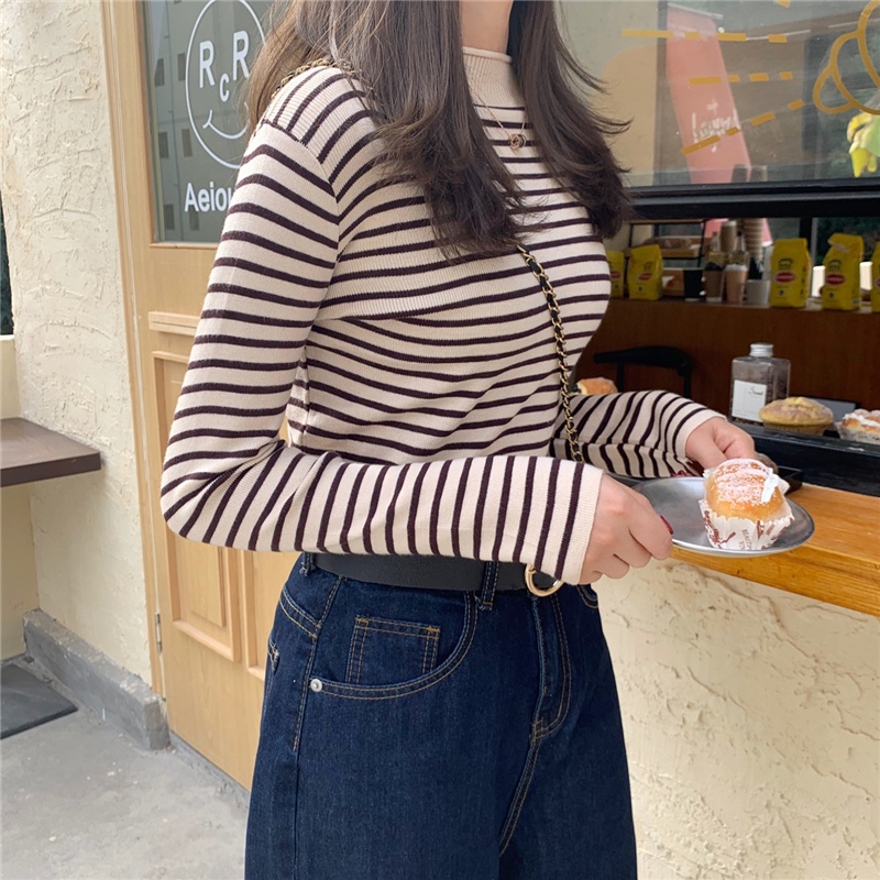 Áo Len Tay Dài Cổ Lọ Họa Tiết Kẻ Sọc Phong Cách Cổ Điển