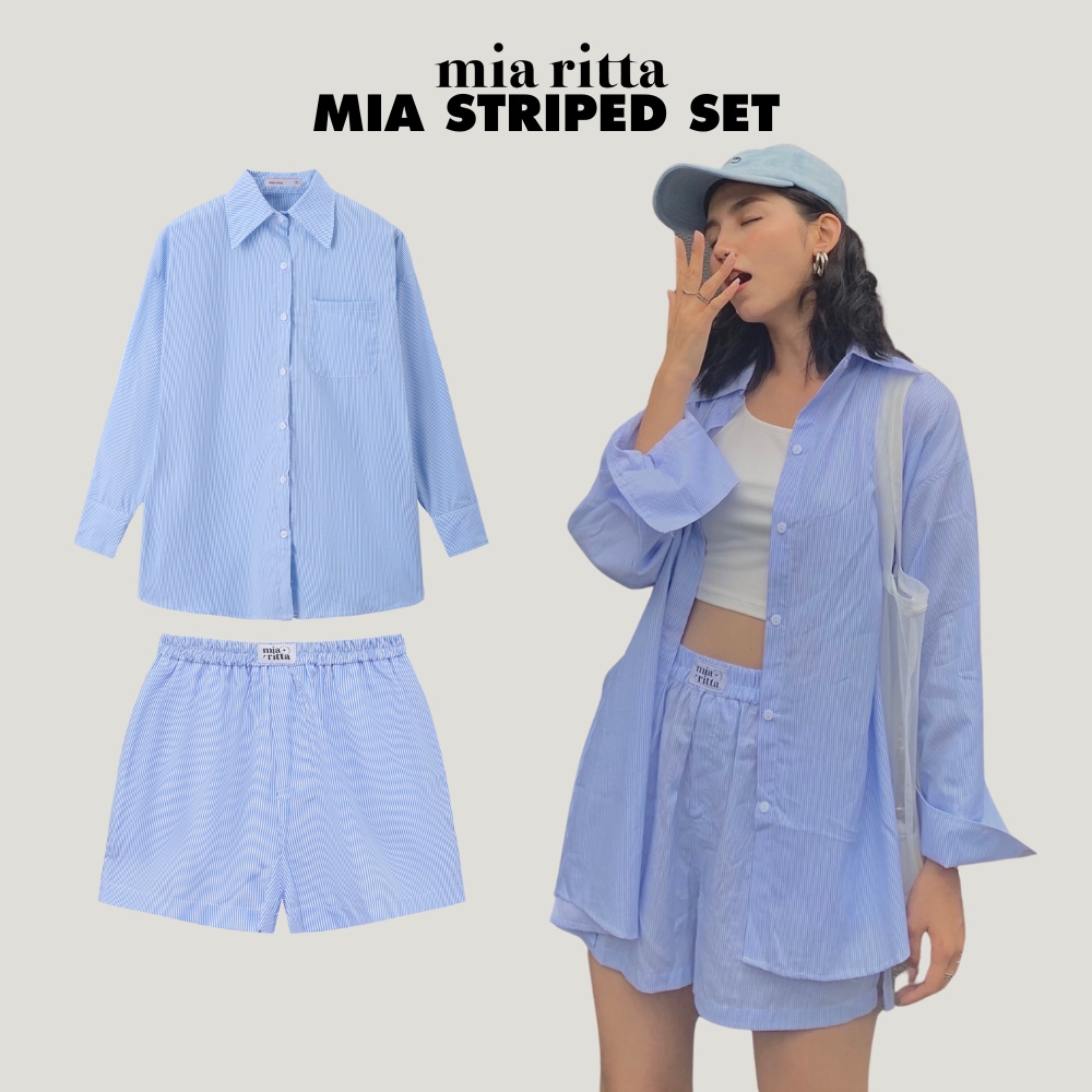 Set sơ mi và shorts kẻ xanh phong cách pyjama Mia Striped Shirt & Boxer Short Mia Ritta A2059B Q381B