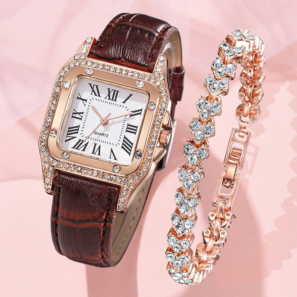 Đồng Hồ Quartz Nữ Mặt Vuông Đính Hột Xoàn Dây Da Thời Trang