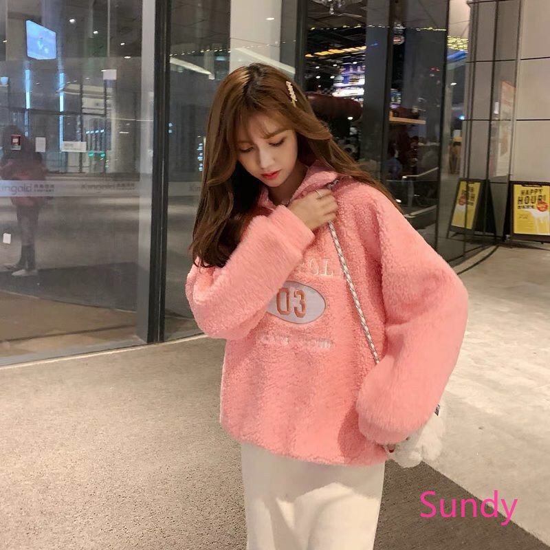 Plus Áo Khoác Lông Cừu Cổ Cao Tay Dài Dáng Rộng Thời Trang Thu Đông Cho Nữ