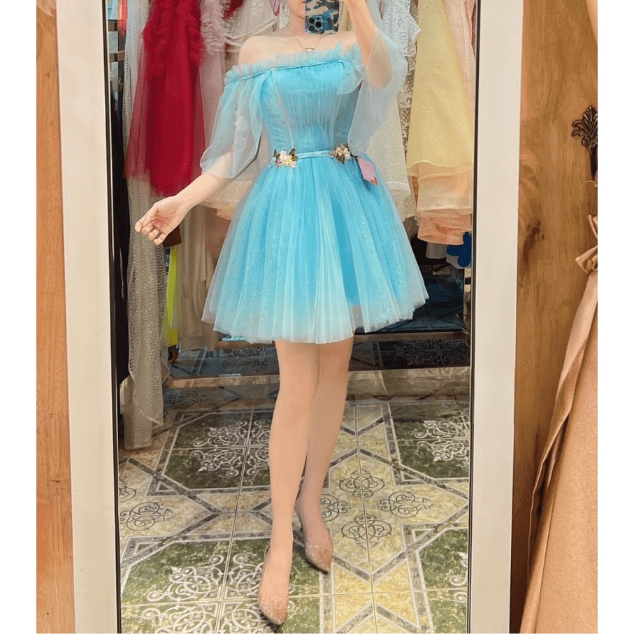 SIÊU SALE ĐẦM LƯỚI HOA EO THIẾT KẾ TAY DÀI NGANG VAI  , ĐẦM XÒE XINH XẮN KHI ĐI CHƠI , DỰ TIỆC UP SHOP HHP