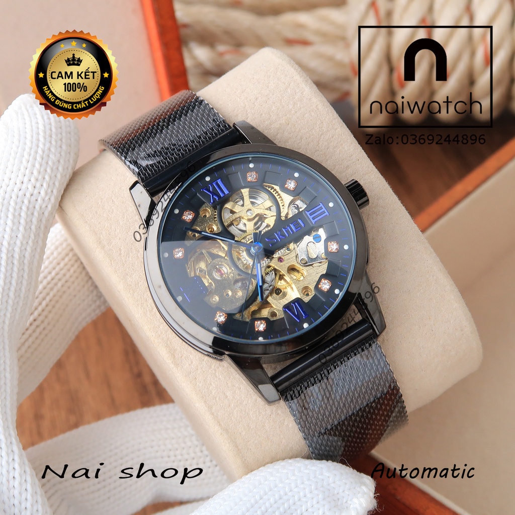 Đồng hồ nam Skmei cơ tự động full đen, dây lưới thép cực trẻ trung năng động