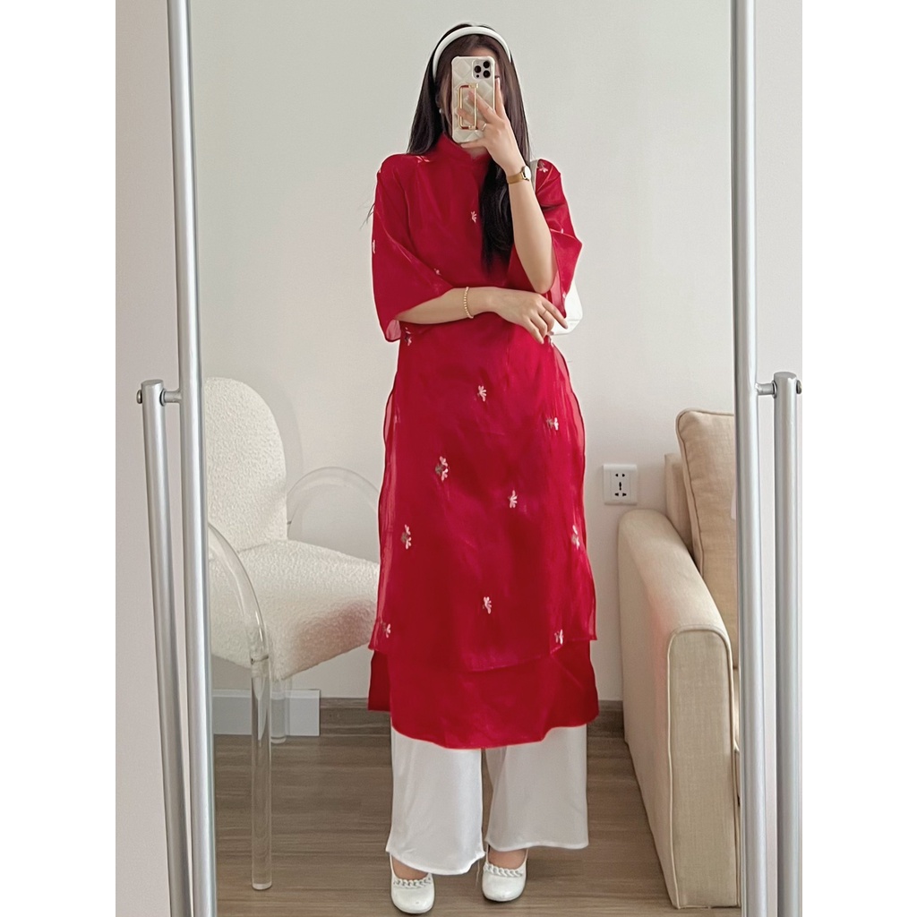 Áo dài cách tân nữ mặc tết họa tiết hoa nhí phong cách size S M L