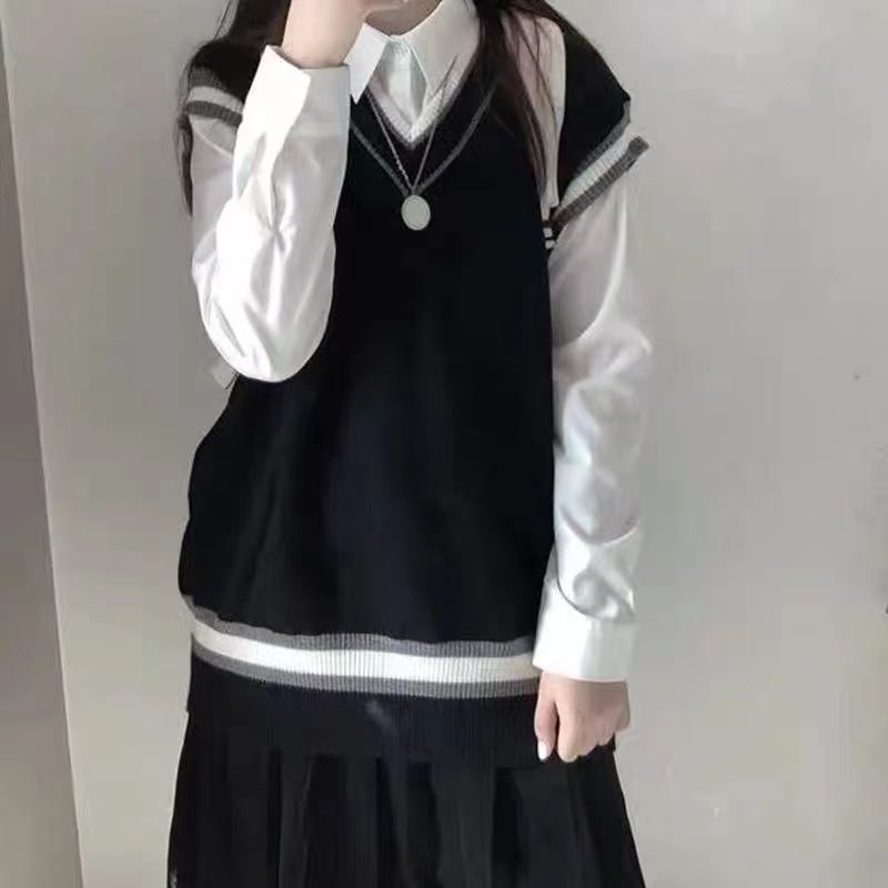 Áo Dệt Kim Không Tay Dáng Rộng Cổ Chữ V Màu Sắc Tương Phản Phong Cách Retro Nhật Hàn Dành Cho Nữ