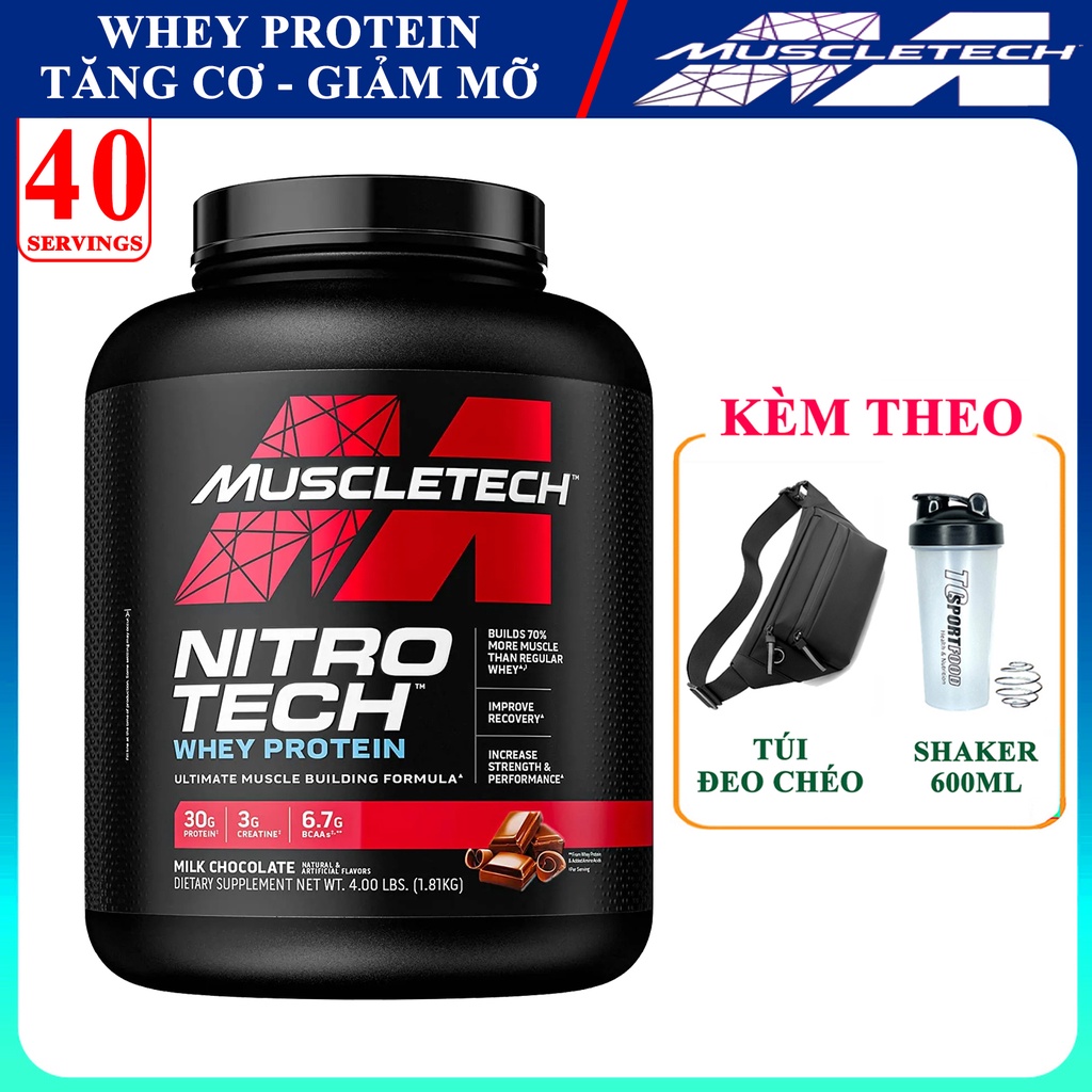 Sữa tăng cơ cực mạnh Whey Protein Nitro Tech của Muscle Tech hương Chocolate hộp 1.8kg 40 lần dùng - Hàng chính hãng