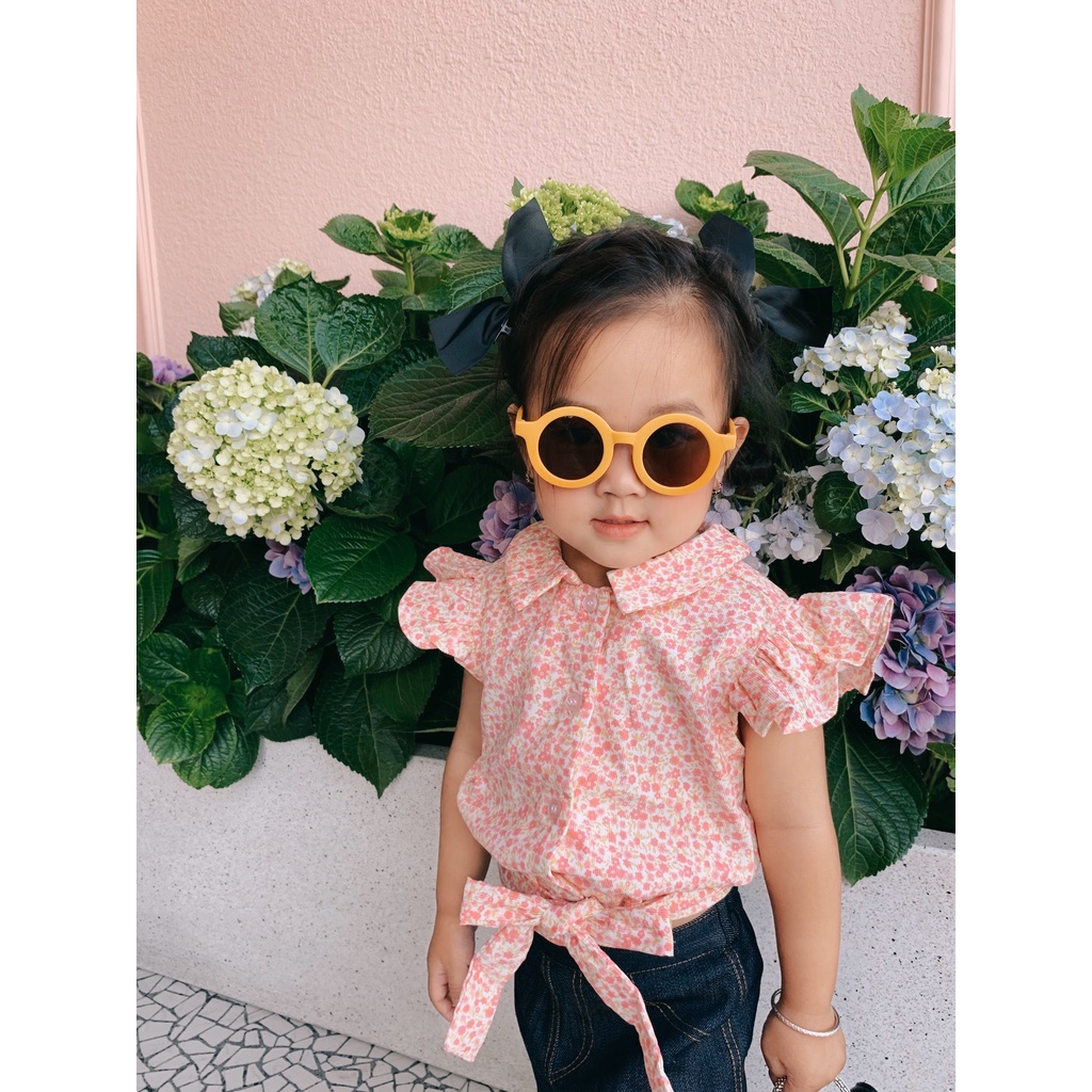 ÁO SƠ MI TAY CÁNH TIÊN CỘT NƠ HOA NHÍ/ SỌC VÀNG CHO BÉ GÁI