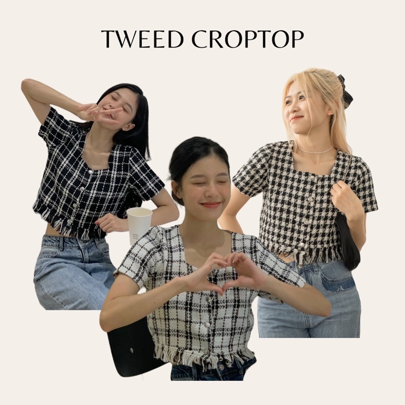 Áo croptop dạ tweed LOLLIE STUDIO TKA350 cổ vuông cúc