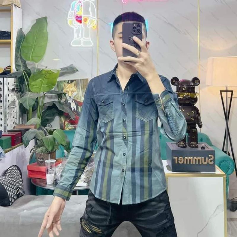 Áo Sơ Mi supper nam dài tay kẻ sọc caro cam đon hàng chính hãng