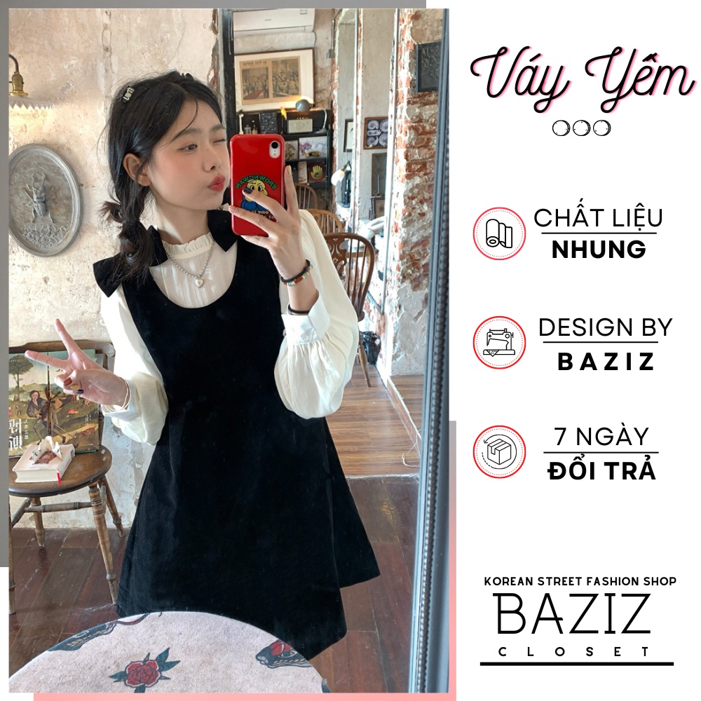 Set váy yếm nhung áo sơ mi tay bồng dáng váy tiểu thư đầm đi chơi