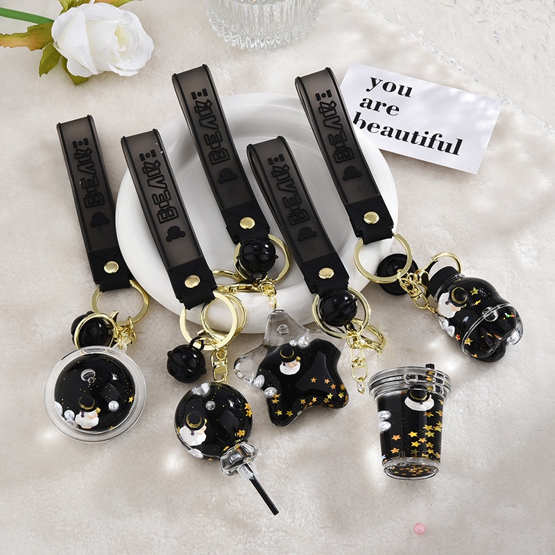 Móc Khóa Hình Ly Trà Sữa Đính Kim Tuyến Màu Vàng Đen Dễ Thương