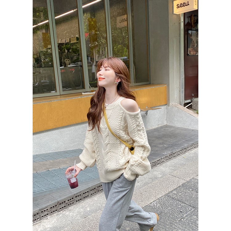 ZHELIHANGFEI Áo Sweater Dài Tay Trễ Vai Xinh Xắn Theo Phong Cách Pháp