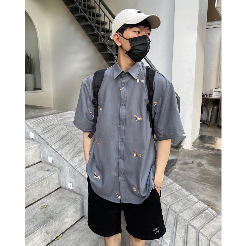 ÁO SƠ MI xám cún DACHSHUND CHUỘT TRẮNG