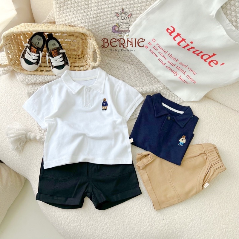 Bộ đồ Polo bé trai basic thêu gấu BERNIE áo trắng quần short đen