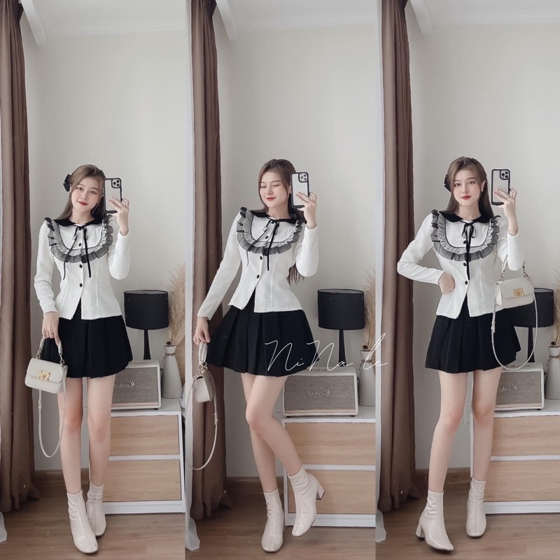Sét áo dạ nhũ mềm bèo cổ mix chân váy xếp ly ngắn cực xinh Chất dạ QC bao sịn đẹp Cv kaki giãn mềm dày dặn