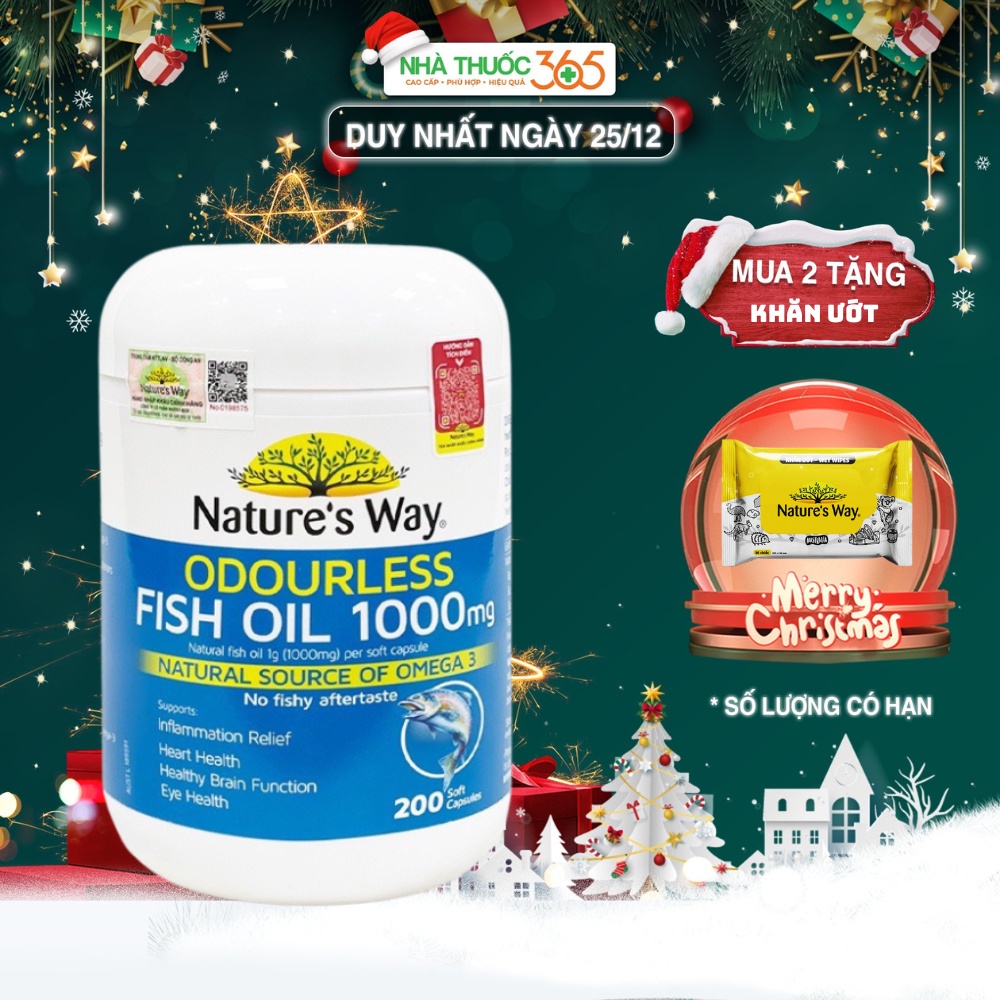 Viên Uống Dầu Cá Nature’s Way Odourless Fish Oil Tăng Cường Sức Khoẻ Tự Nhiên Không Mùi 1000mg - 200 Viên