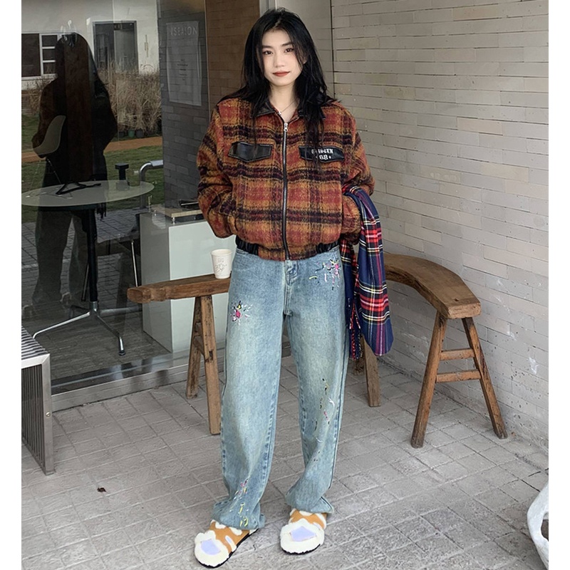 Quần Jean Nữ Lưng Cao Ống Rộng Họa Tiết Thêu Hợp Thời Trang