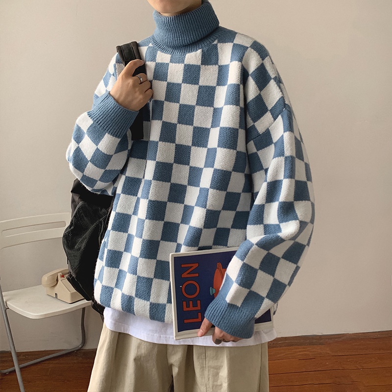Ielgy Áo sweater Dáng Rộng Cổ Lọ Họa Tiết Kẻ Ô Đa Năng Phong Cách hong kong Cho Nam