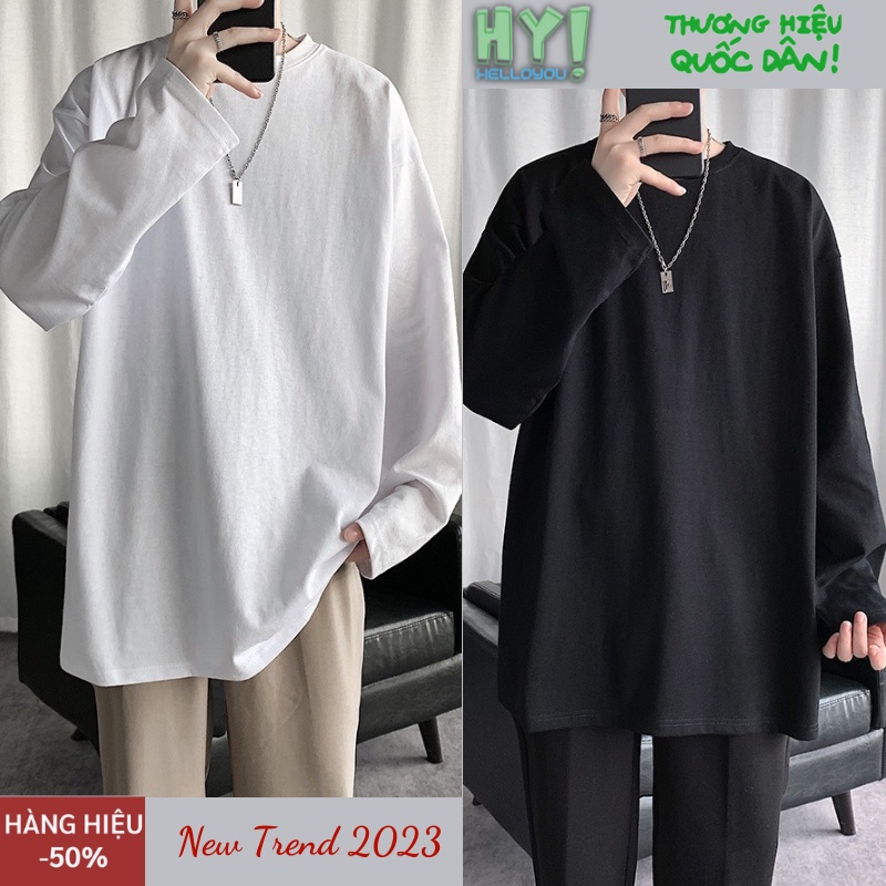 Áo phông trơn tay dài unisex phom rộng 2 mầu đen trắng top xu hướng 2023