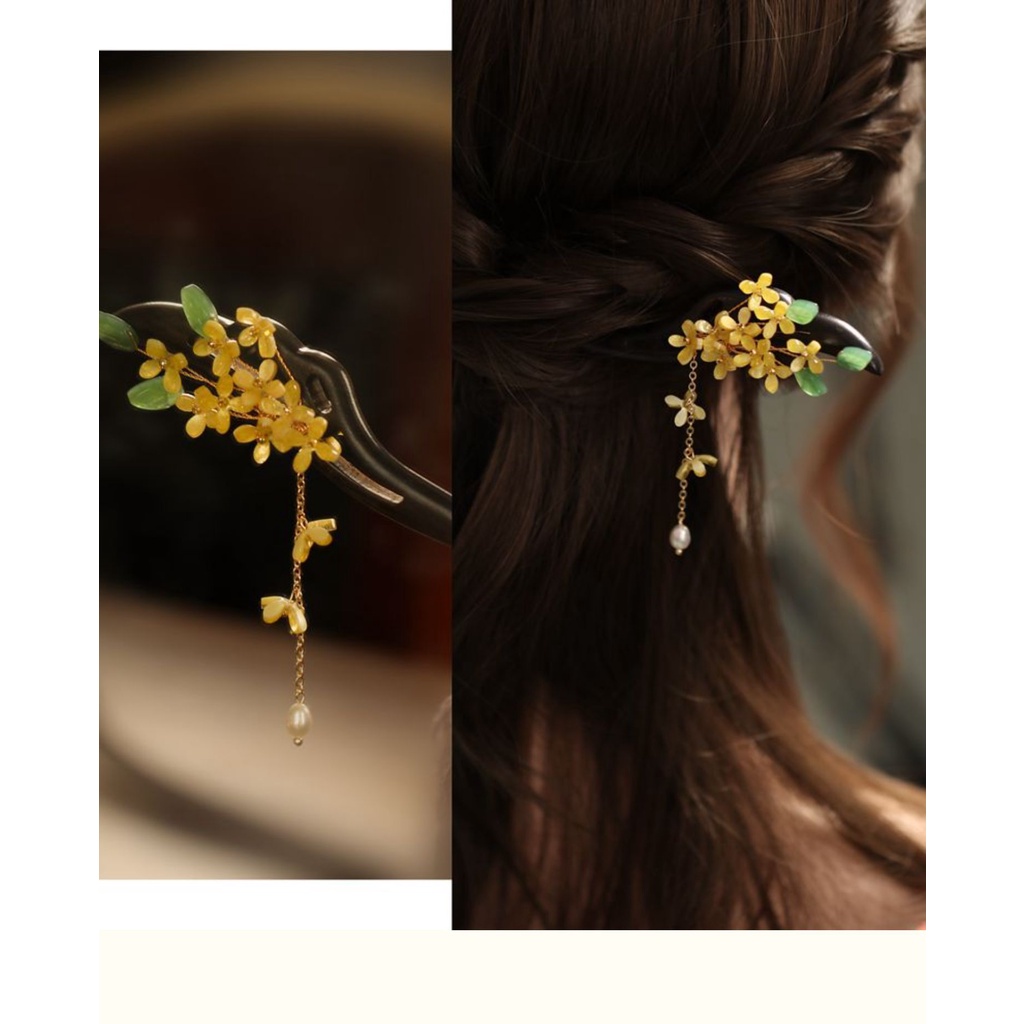 Trâm Cài Tóc Bằng Gỗ Hình Hoa Đính Ngọc Trai / Hoa Mộc Tê Phối Dây Tua Rua Phong Cách Cổ Điển