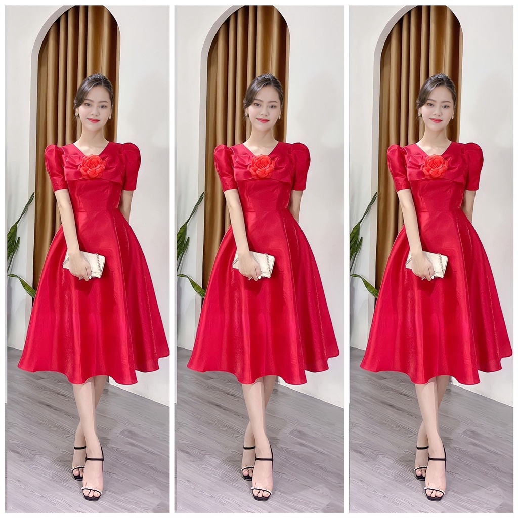 Đầm tiểu thư dáng dài, đầm nữ đi chơi dễ thương với thiết kế nơ phối hoa ngực chất vải tapta cao cấp