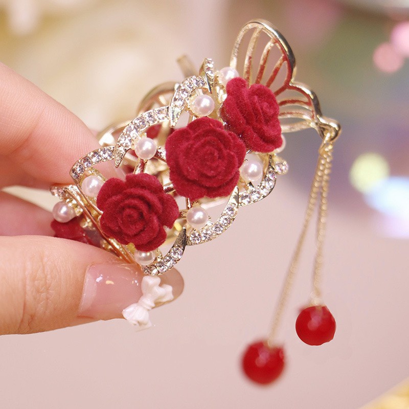 (Mẫu mới) Kẹp tóc nữ kim loại đính đá sang trọng họa tiết nhung đỏ hot trend nhiều kiểu dáng