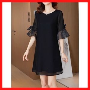 [có chính sách đổi trả] đầm suông đen chử A chất liệu chiffon lót thun cổ tròn có 3 size hàng y hình