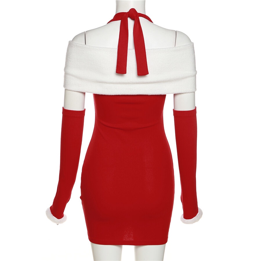 Đầm WEIRD PUSS mini ôm dáng thiết kế hở vai đính nơ phong cách Giáng Sinh năm mới thời trang dành cho nữ