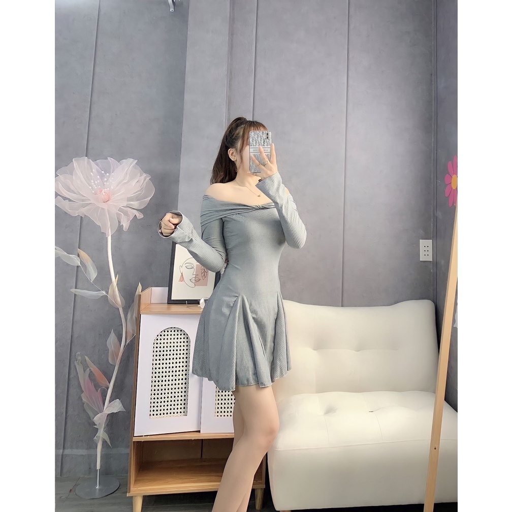 Đầm tay loe trễ vai cuốn biên dáng xòe khoe bở vai cực sexy , chất thun gân dày dặn mềm mịn