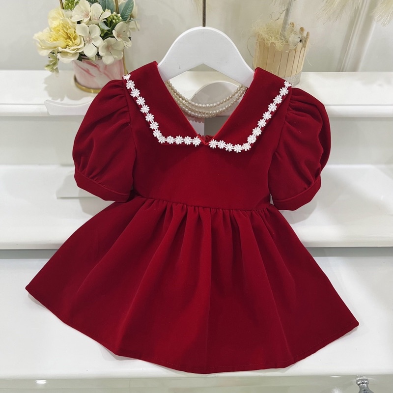 Váy nhung cho bé gái từ 8-40kg màu đỏ kèm chuỗi ngọc sau lưng