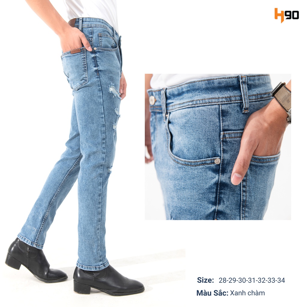 Quần Jean Nam Rách H90 Form Slimfit, Chất Bò Co Giãn Tốt Bền Màu Dáng Ống Côn Trẻ Trung Mài Rách Tự Nhiên MTRJ009