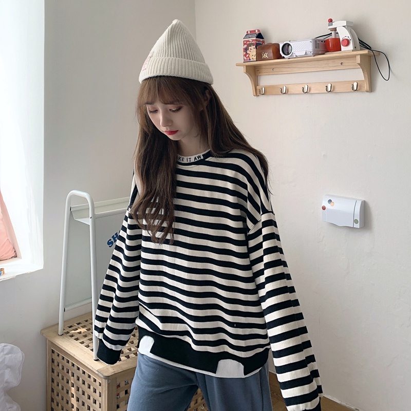 SUXI Áo Nỉ Dài Tay Sọc Ngang Thời Trang Nữ