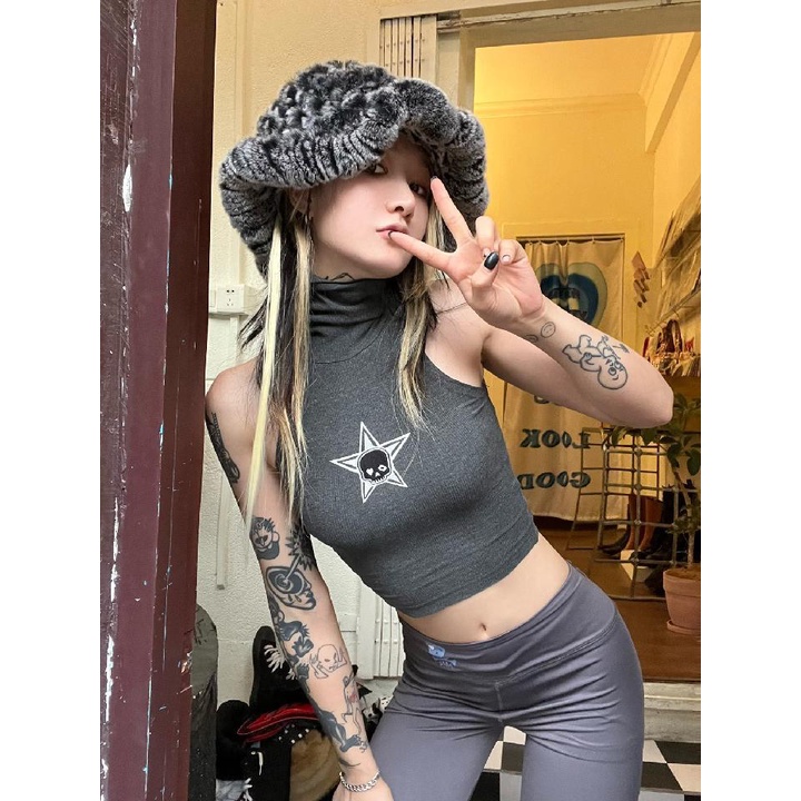 Y2k Hot Girl Áo Sát Nách Cổ Cao Ôm Dáng Vừa Vặn Với Hình Đầu Lâu Văn Hóa Châu Á Quyến Rũ Dễ Phối Đồ Cho