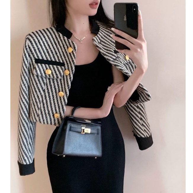(Ảnh Thật/video): Áo Khoác Dạ kẻ có ĐỆM VAI Tweed Nữ Cổ Tàu Tay Nhung [LOLLA_YE_FASHION]