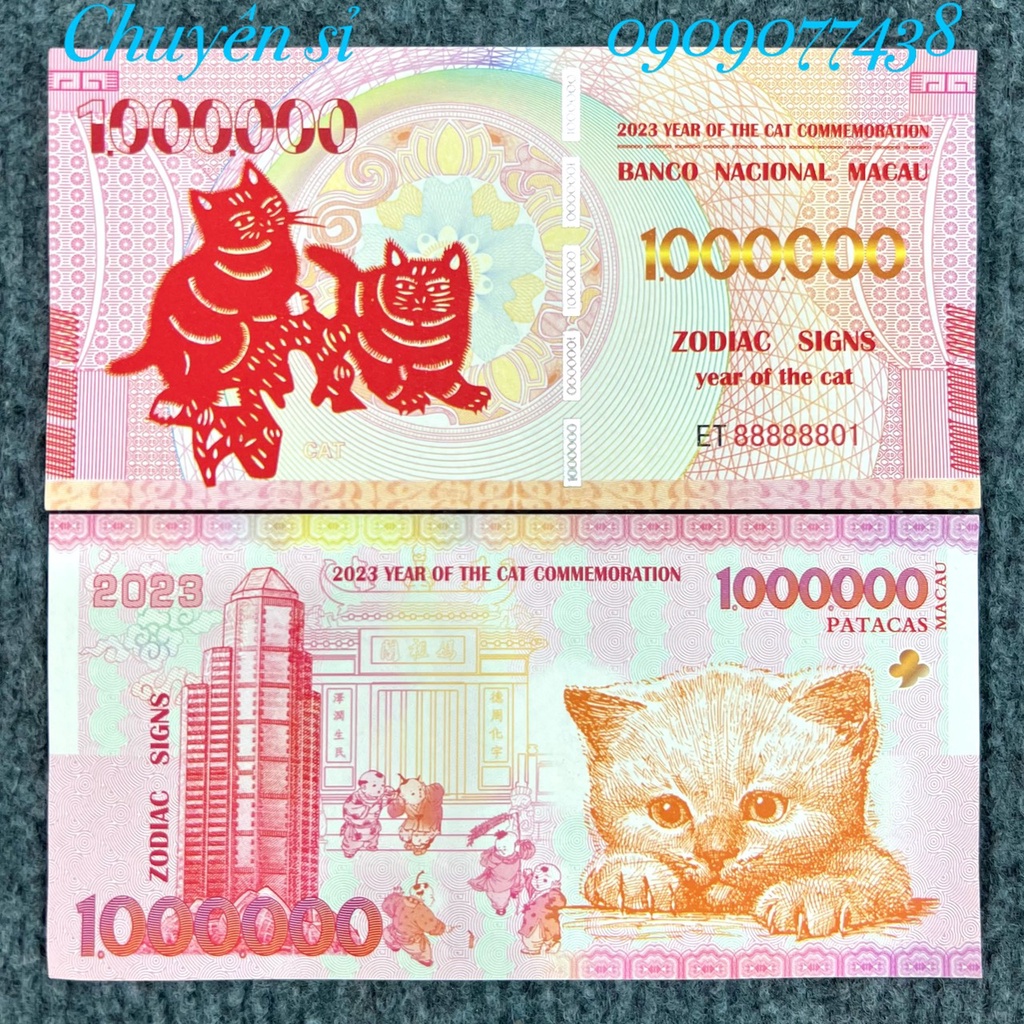 Tiền Mèo Macao Mệnh Giá Khủng 1 Triệu Patacas kỷ niệm Lì Xì Tết 2023 độc đáo ý nghĩa