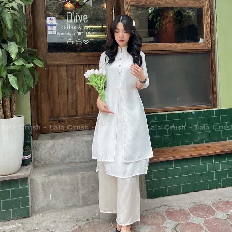 Áo dài cách tân nữ S.114, Set áo dài tay lỡ 2 tà xẻ trước kèm quần be 3 màu đơn giản thanh lịch - Thời trang nữ Chấm Bi