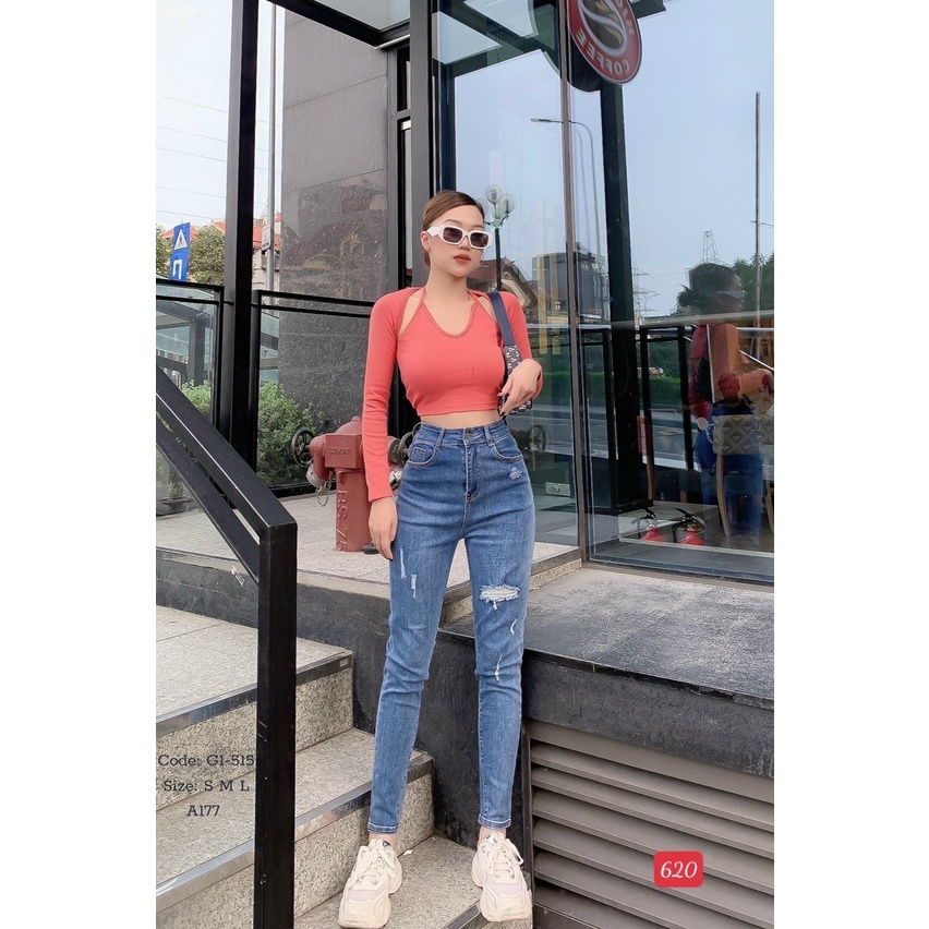 Quần jean nữ lưng cao màu đen xám có hoạ tiết, quần dài ôm dáng nữ nữ chất vải denim co dãn cắt gấu T-FASHION M507