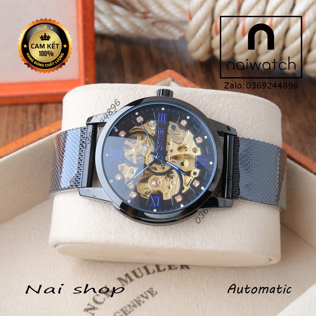 Đồng hồ nam Skmei cơ tự động full đen, dây lưới thép cực trẻ trung năng động