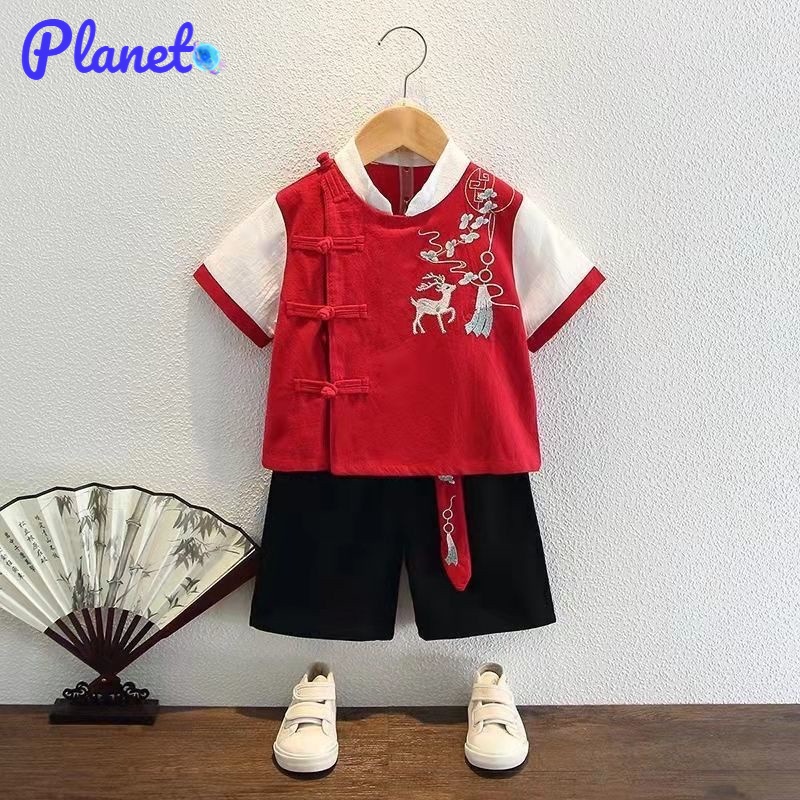 Planet đồ bộ Bé trai Hanfu Mỏng Phần Cổ Trang Phục Biểu Diễn Trang Phục Hai Mảnh Trẻ Em Tang Phù Hợp Với