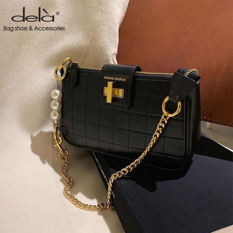 Dela Túi Xách Kẹp Nách Phối Dây Xích Và Ngọc Trai Thời Trang Dành Cho Nữ