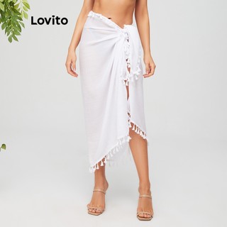 210QX Khăn choàng đi biển Lovito dáng rộng chống nắng phối tua rua màu trơn phong cách Boho L11047 (màu trắng)