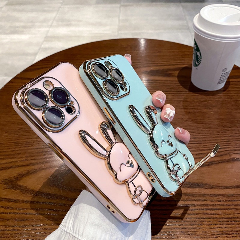 Ốp Điện Thoại iPhone 14 13 12 11 Pro max 14 plus case ốp lưng iphone 14 13 12 11 promax Dẻo Tráng Gương Họa Tiết Hoạt Hình Chú Thỏ Kèm Giá Đỡ Chống Sốc Sang Trọng Cho iP 14 plus 11 12 13 14 Pro max