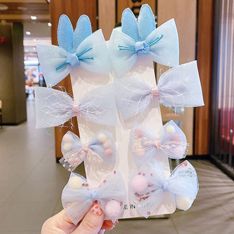 Set 8 Kẹp Tóc Nơ Ren Hoạt Hình Dễ Thương Cho Bé Gái