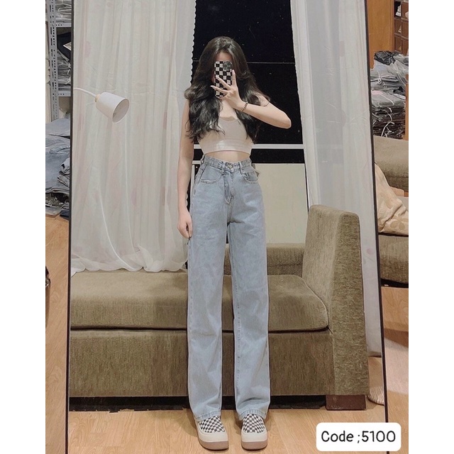 QUẦN JEANS DÀI ỐNG RỘNG TRƠN COTTON KHÔNG GIÃN LƯNG CAO- hình thật 100%