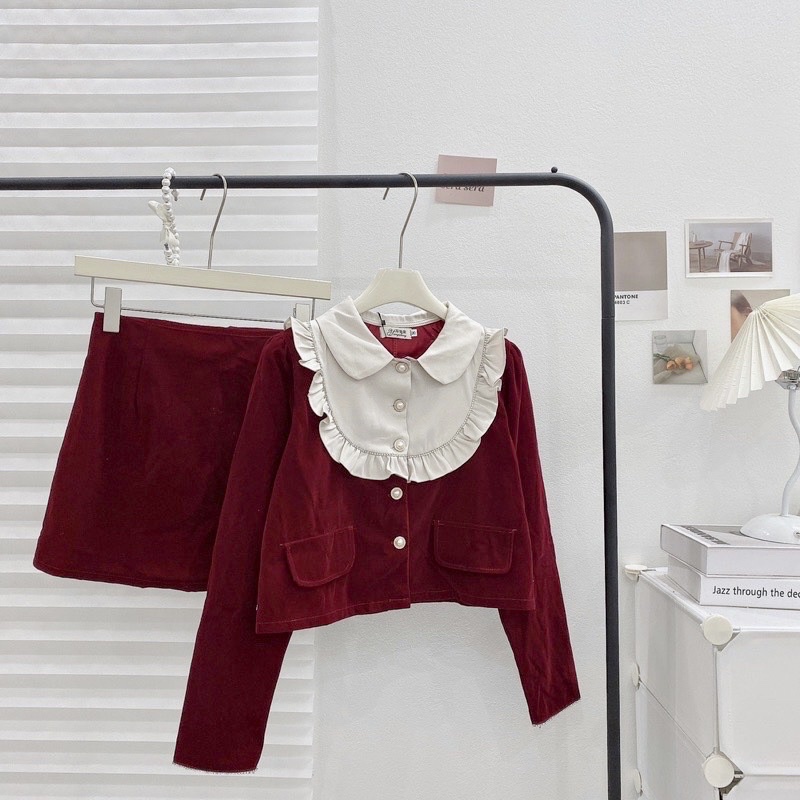 Set Váy Nhung Đỏ Kèm Quần Áo Croptop Cổ Sơ Mi  Trang Thiết Kế  Có Ảnh thật