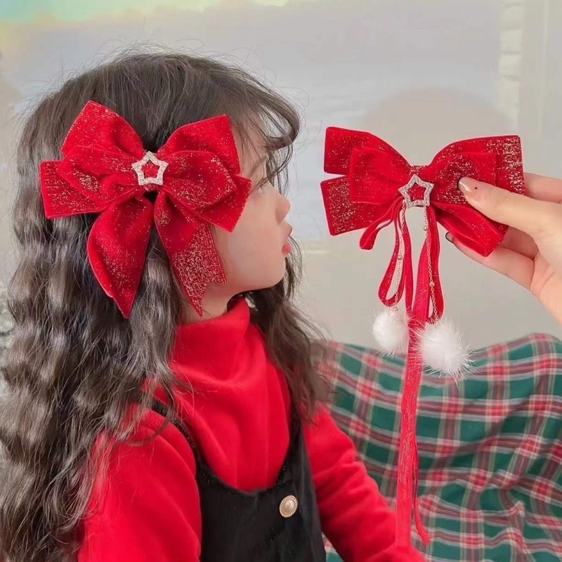 Kẹp tóc nơ nhung màu đỏ phong cách Trung Hoa mừng năm mới cho bé gái